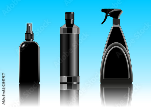 black plastic container, packaging for cosmetic, chemical, liquid products, a set of different shapes