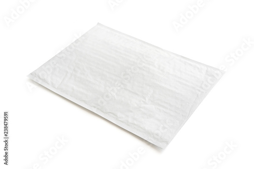 White postal package. Plastic parcel object background for online shopping advertising. Isolated on white background with clipping path.