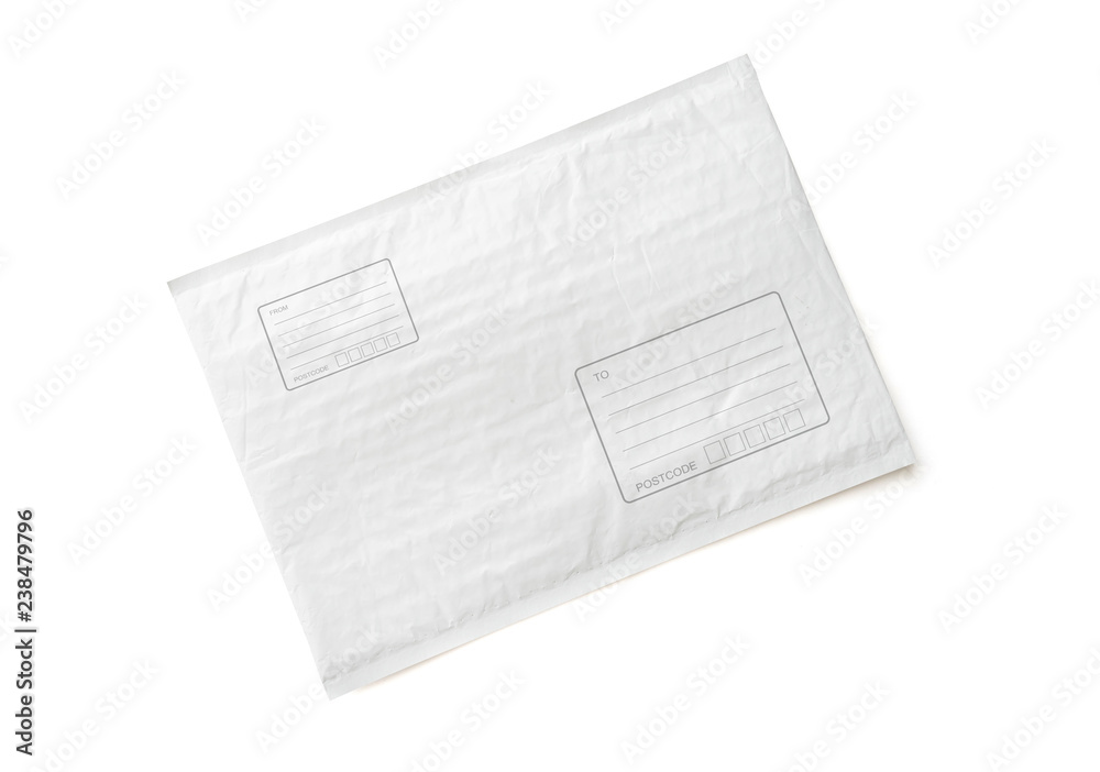 White postal package with area for write address. Plastic parcel object background for online shopping advertising. Isolated on white background with clipping path. White postal package with area for write address. Plastic parcel object background for online shopping advertising. Isolated on white background with clipping path.