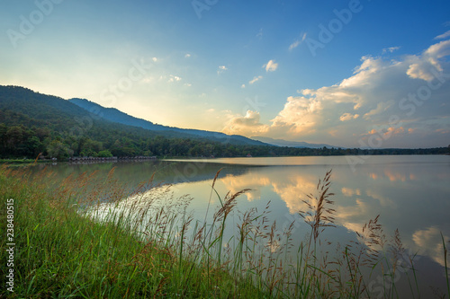 Scenic view of the reservoir Huay Tueng Tao with Mountain range forest at evening sunset in Chiang Mai  Thailand