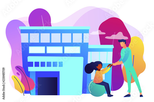 Physiotherapist and child gets treatment. Childrens rehabilitation centre, kids rehabilitation service, coordination and educational support concept. Bright vibrant violet vector isolated illustration