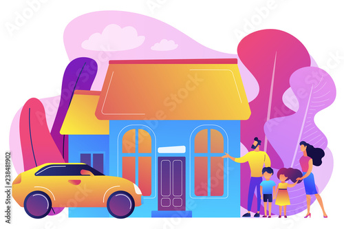 Happy parents with children and detached house. Single-family detached home, family house, detached residence and single dwelling unit concept. Bright vibrant violet vector isolated illustration
