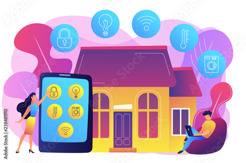 Business people controlling smart house devices with tablet and laptop. Smart home devices, home automation system, domotics market concept. Bright vibrant violet vector isolated illustration