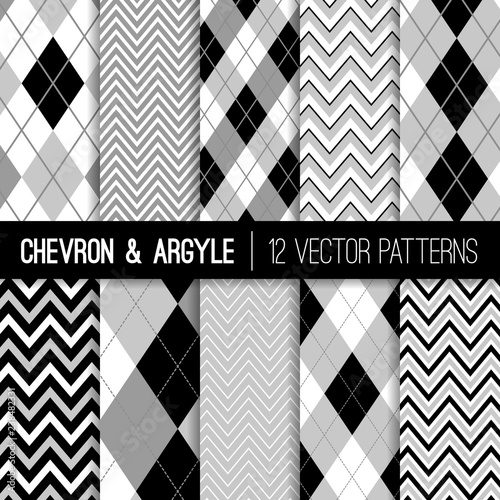 Gray, Black and White Argyle and Chevron Vector Patterns. Modern Neutral Monochrome Color Backgrounds. Textile Prints. Repeating Pattern Tile Swatches Included.