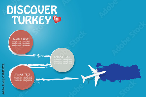 Discover Turkey template vector showing the plane approaching the blind map of Turkey The pattern has plenty of room for your notes and photos.