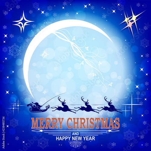 Christmas postcard with big bright moon and Santa Claus in a sleigh on a reindeer.