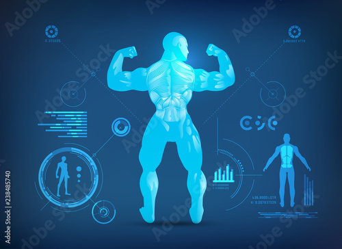 concept of sports science, muscle man posting for body analysis, a bodybuilder showing back muscles