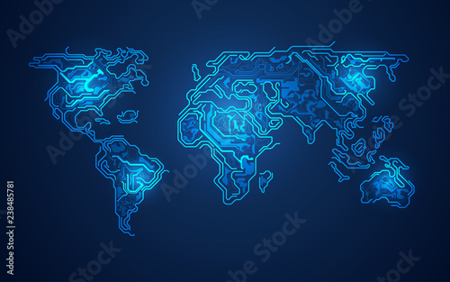 abstract futuristic world map in electronic theme, concept of global network