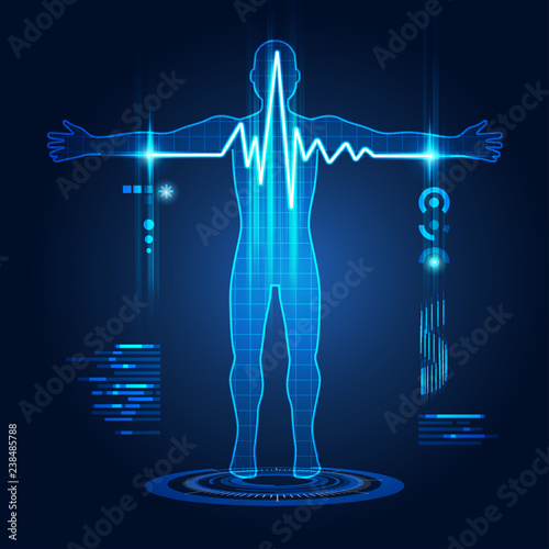 abstract technological health care; science interface of health analysis; pulse symbol in futuristic style