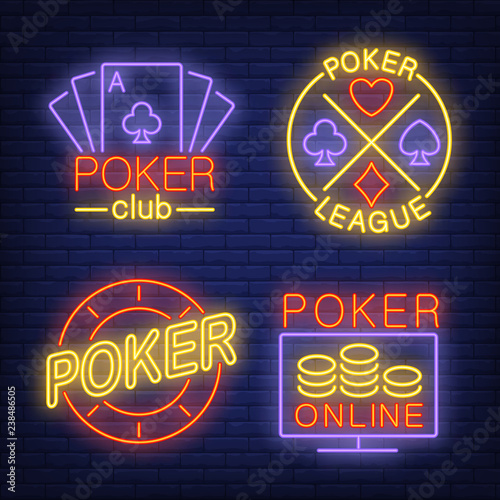 Poker neon signs set with playing cards and chip. Poker club advertisement design. Night bright neon sign, colorful billboard, light banner. Vector illustration in neon style.