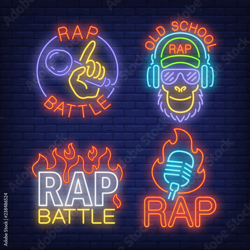 Rap neon signs set with flames and microphones. Rap battle advertisement design. Night bright neon sign, colorful billboard, light banner. Vector illustration in neon style.