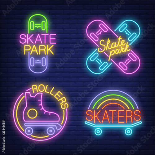 Skateboards and rollers neon signs set. Skate park advertisement design. Night bright neon sign, colorful billboard, light banner. Vector illustration in neon style.