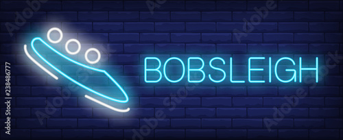 Bobsleigh neon sign. Glowing inscription with blue sleigh on brick wall background. Vector illustration can be used for sport, competition, bobsleigh