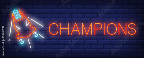 Champions neon sign. Glowing inscription with red bobsleigh on brick wall background. Vector illustration can be used for sport, competition, bobsleigh