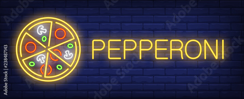 Pepperoni neon sign. Glowing inscription with six pizza slices on brick wall background. Vector illustration can be used for pizzeria, cafe, fast food