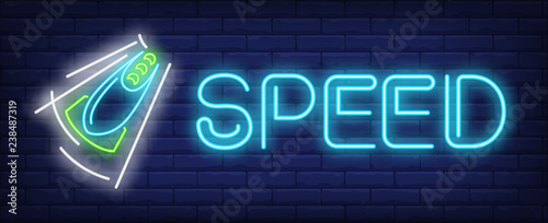 Speed neon sign. Glowing inscription with blue and green bobsleigh on brick wall background. Vector illustration can be used for sport, competition, bobsleigh 