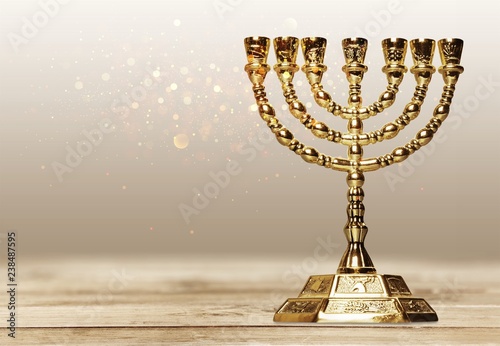 Fotografie Golden religious menorah isolated on white