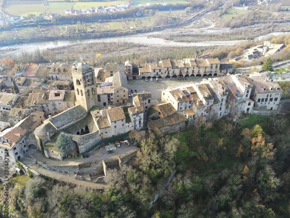 Aerial view of Ainsa. Medieval village of Huesca, Spain. Drone Photo