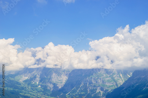 Alpine peaks landskape background. Jungfrau, Bernese highland. Alps, tourism, journey, hiking concept.