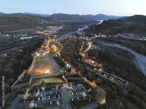 Aerial view of Ainsa. Medieval village of Huesca  Spain. Drone Photo