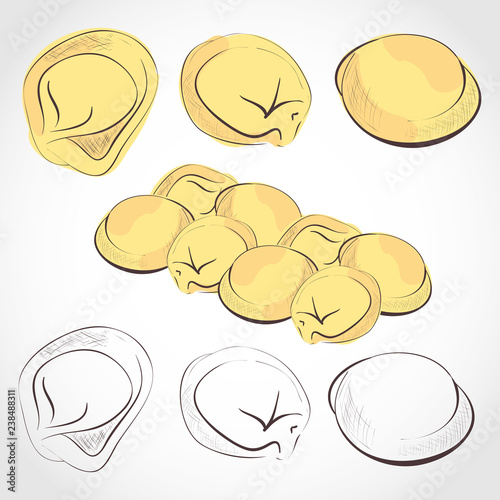 Dumplings, pelmeni. Sketch. Food. Set.