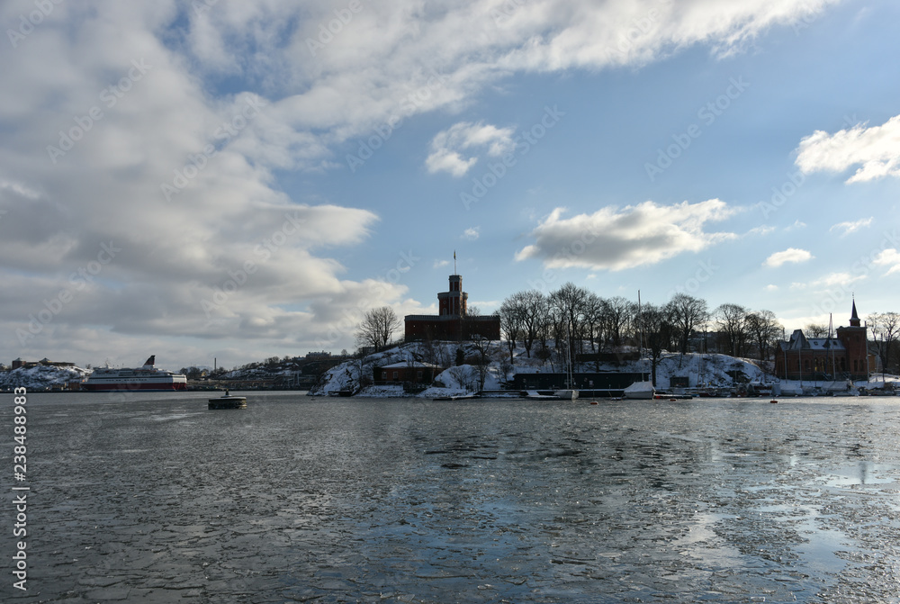 Stockholm waterfront a winter day islands in snow an ice