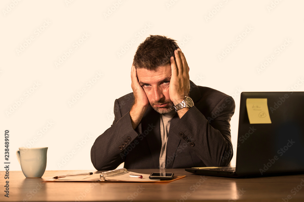 frustrated man working at office computer desk desperate and overwhelmed feeling upset suffering depression and anxiety crisis in financial business problem frustrated man working at office computer desk desperate and overwhelmed feeling upset suffering depression and anxiety crisis in financial business problem