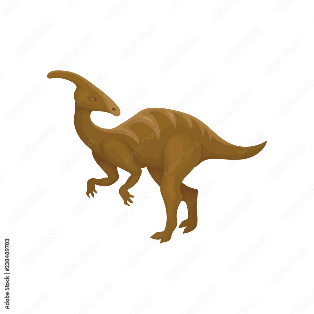 Flat vector design of brown parasaurolophus. Prehistoric animal. Dinosaur with long tail and crest on head
