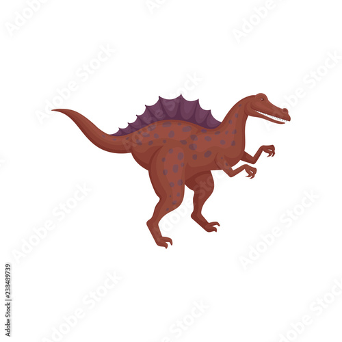 Dark red spinosaurus standing isolated on white background. Dinosaur with spotted body and long tail. Flat vector design