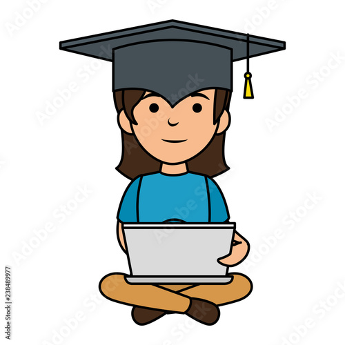 little schoolgirl with laptop and hat graduation