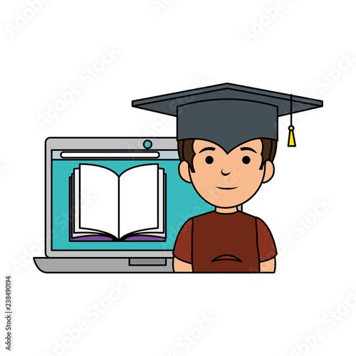 little schoolboy with graduation hat and laptop