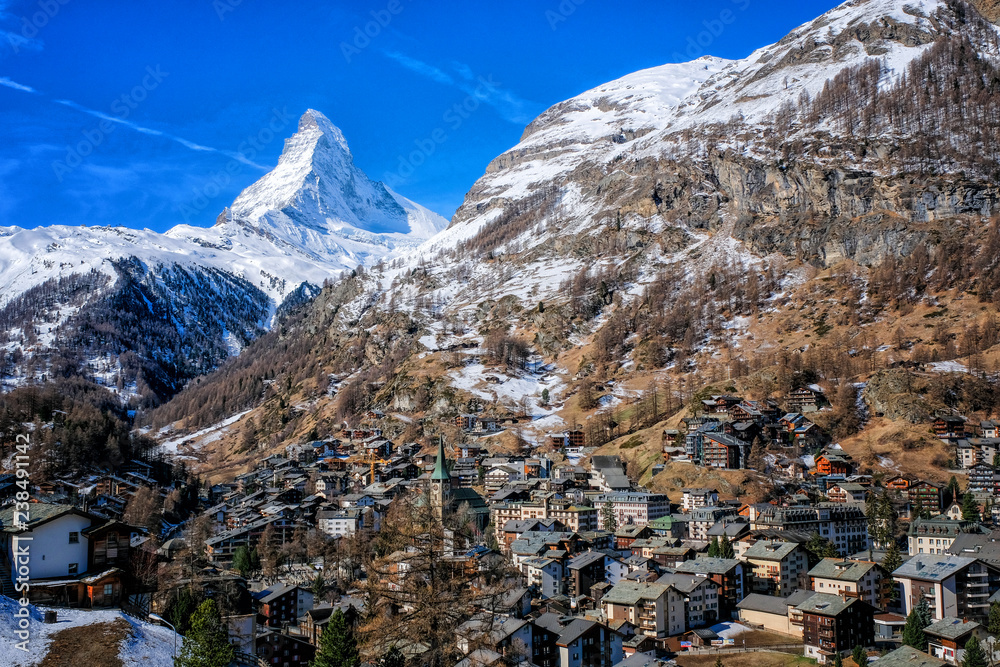 Beautiful view of Zermatt village with Matterhorn Mountain background in Switzerland.