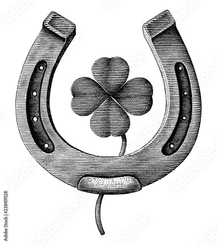Antique of Horseshoe and clover leaf hand draw illustration vintage engraving style isolated on white background