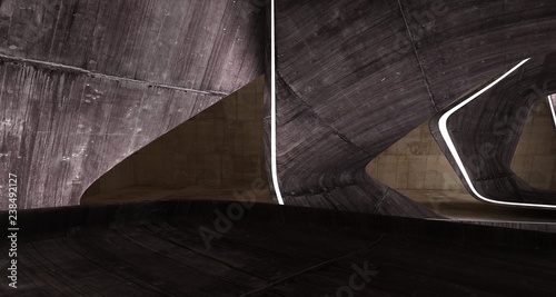 Empty dark abstract brown concrete room smooth interior. Architectural background. Night view of the illuminated. 3D illustration and rendering