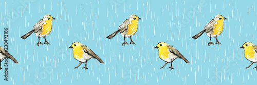 Cute hand-drawn yellow birds standing in the rain on a bright aqua background. Seamless vector border that is great for textiles, tea towel designs, stationery and paper, washi tape and ribbon.