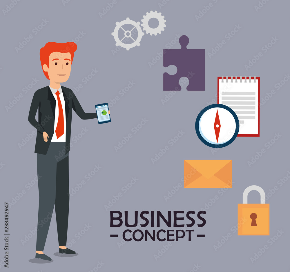 businessman with gears strategy and document information businessman with gears strategy and document information