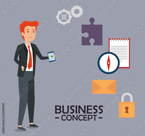 businessman with gears strategy and document information