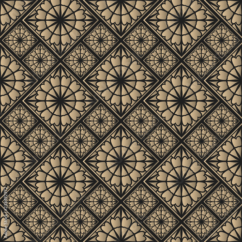 Seamless pattern oriental ornament. Black and golden textile print. Islamic vector design. Floral tiles.