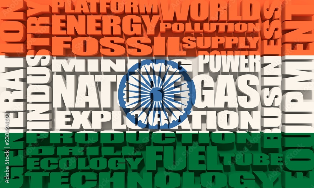 Nature gas relative tags cloud textured by flag of India. Image relative to gas production and supply. 3D rendering