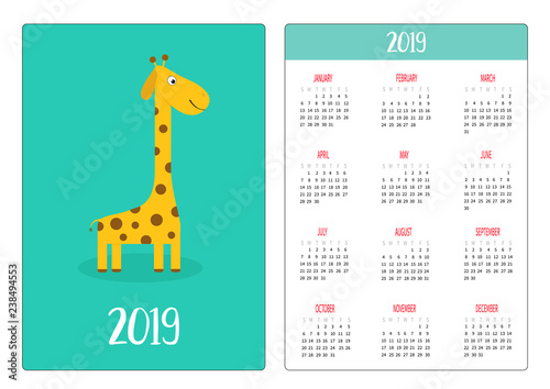 Cute giraffe animal. Simple pocket calendar layout 2019 new year. Week starts Sunday. Vertical orientation. Cartoon kawaii funny baby character. Flat design. Blue background.