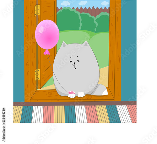 fat cat sits in the doorstep with balloon