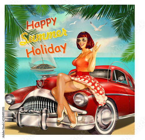 Vintage vacation background with pin-up girl and retro car.