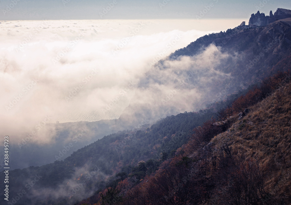 Obraz premium Beautiful amazing stunning mountain landscape, clouds over the mountains, retro toning