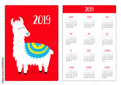 Cute alpaca llama. Simple pocket calendar layout 2019 new year. Week starts Sunday. Vertical orientation. Cartoon kawaii funny baby character. Flat design. Red background.