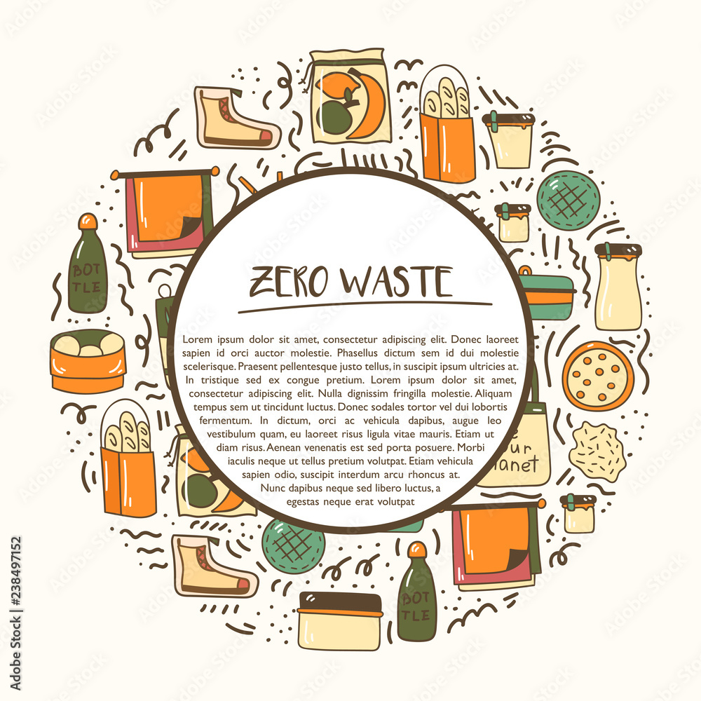 Vector illustration with cartoon hand drawn zero waste life objects