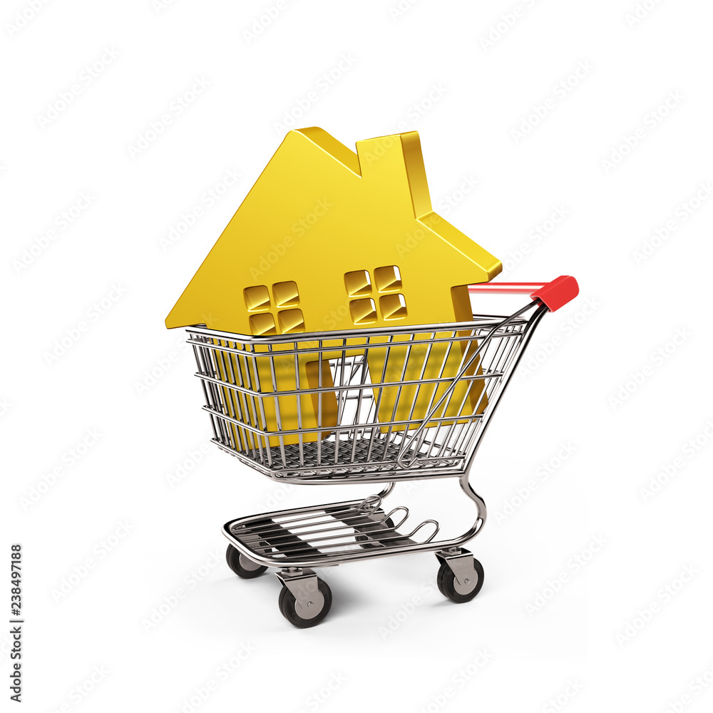 Golden house in shopping cart, 3D illustration Golden house in shopping cart, 3D illustration