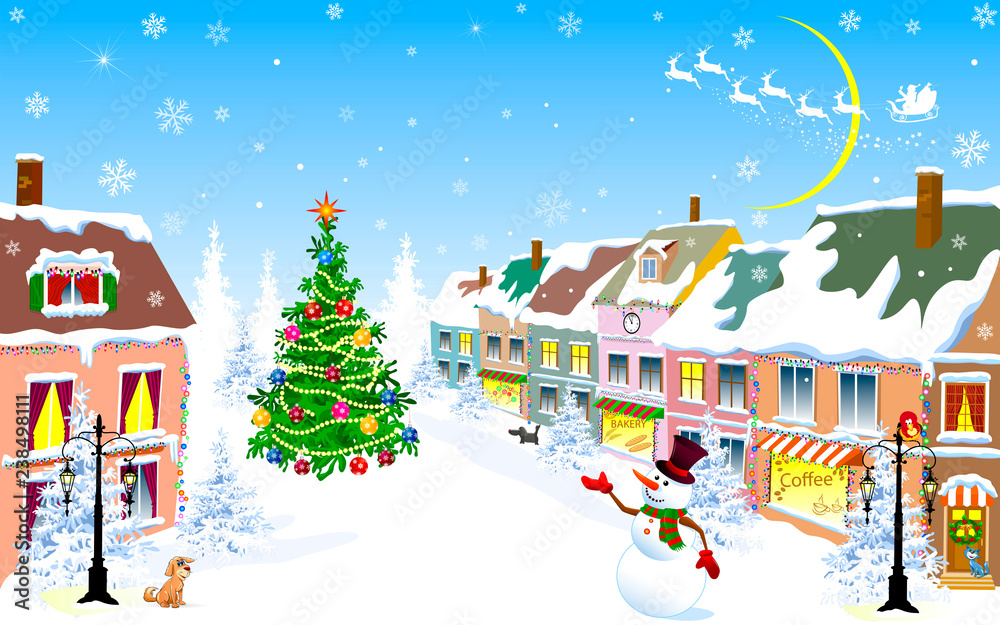 City, Christmas, winter, snowman, Christmas night