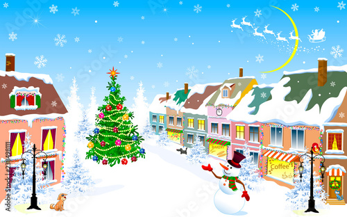 City, Christmas, winter, snowman, Christmas night