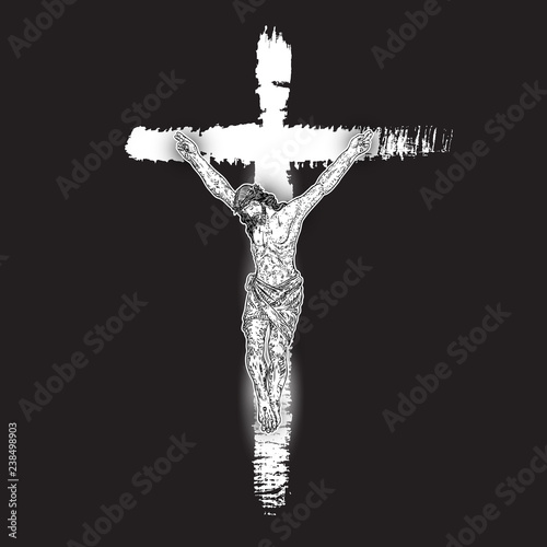 Jesus Christ crucifixion on hand painted ink brush cross on black background. Flash body tattoo. Symbol of Christianity prayer and religion. Concept spiritual and sacred holy. Vector.
