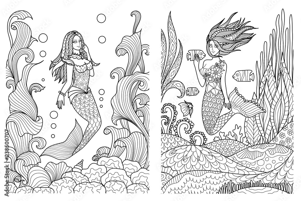 Beautiful mermaids swimming under the sea setfor adult coloring book